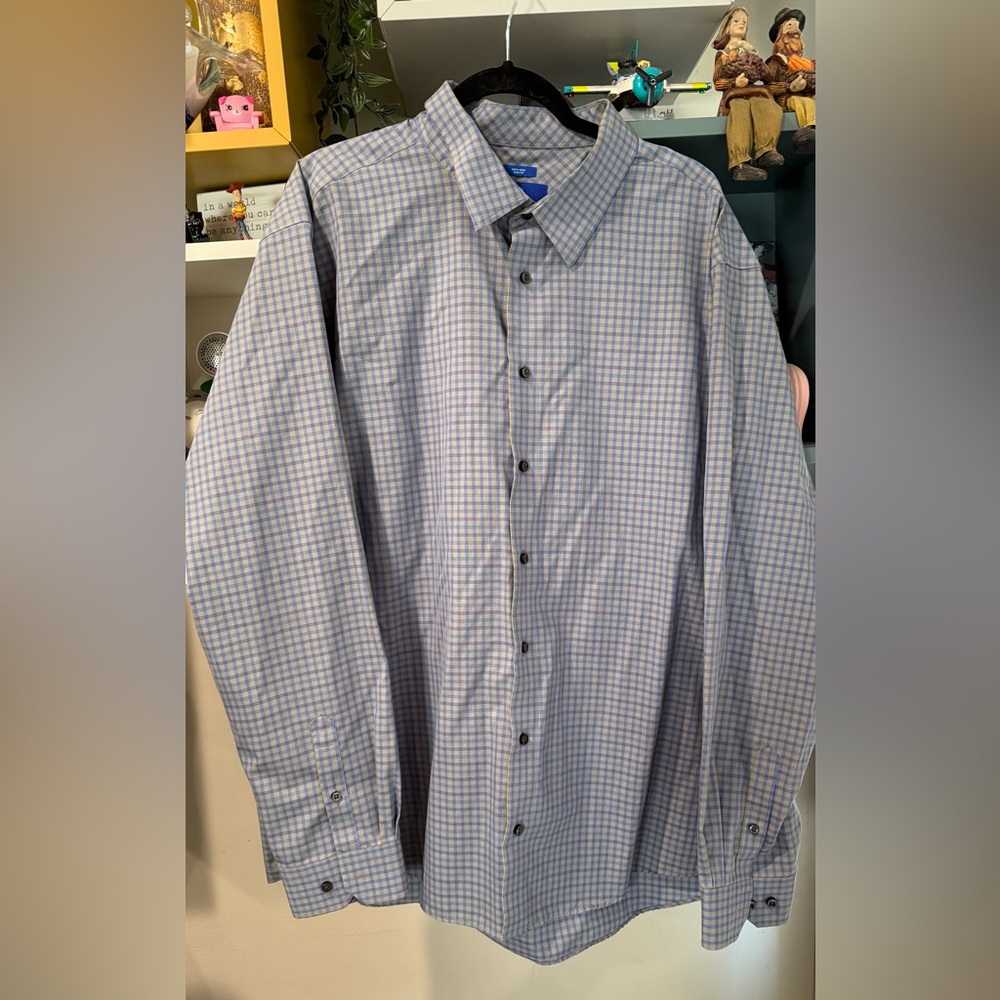 EGARA Dress Shirt Mens XL Blue Plaid Long Sleeve Non-Iron Slim Fit